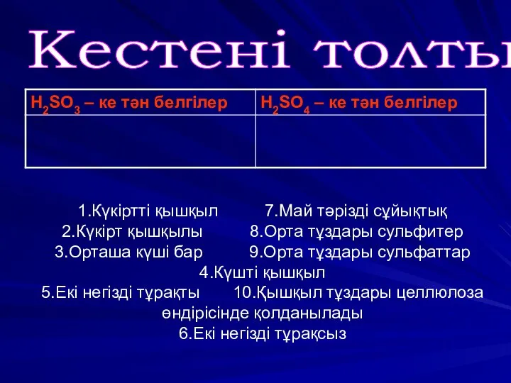 Кестені толтыр 1.Күкіртті қышқыл 7.Май тәрізді сұйықтық 2.Күкірт қышқылы 8.Орта тұздары