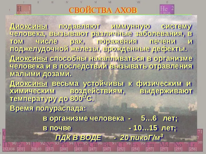 СВОЙСТВА АХОВ ДИОКСИНЫ ДИОКСИНЫ- образуются в результате промышленной деятельности человека как