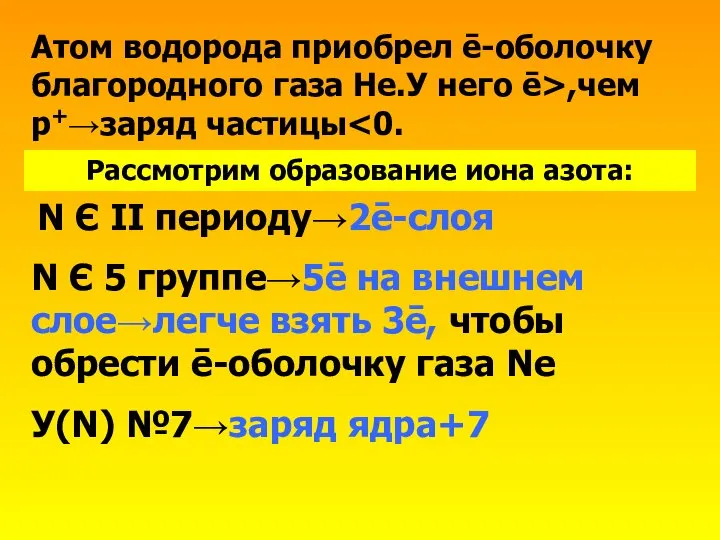 Атом водорода приобрел ē-оболочку благородного газа Не.У него ē>,чем р+→заряд частицы