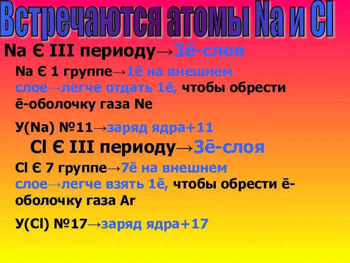 Встречаются атомы Na и Cl Na Є III периоду→3ē-слоя Na Є