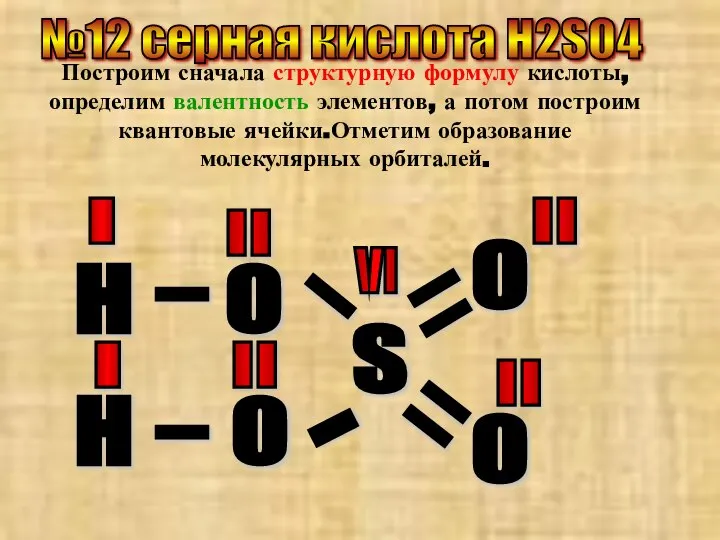 №12 серная кислота Н2SO4 Построим сначала структурную формулу кислоты, определим валентность