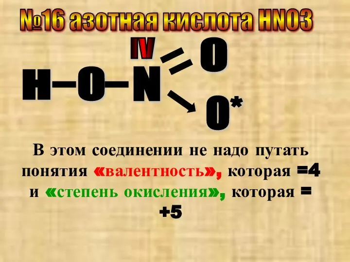 №16 азотная кислота НNO3 N H О О О* IV В