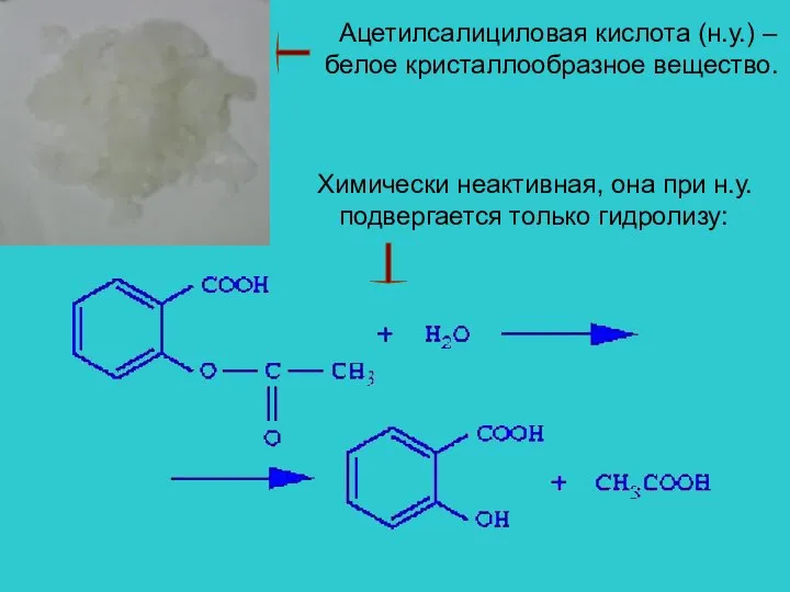 Ацетилсалициловая кислота (н.у.) – белое кристаллообразное вещество. Химически неактивная, она при н.у. подвергается только гидролизу: