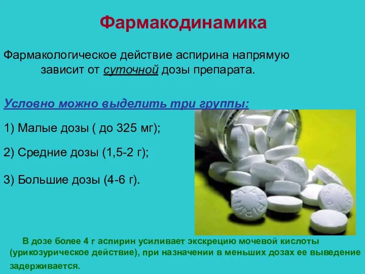Фармакодинамика Фармакологическое действие аспирина напрямую зависит от суточной дозы препарата. Условно