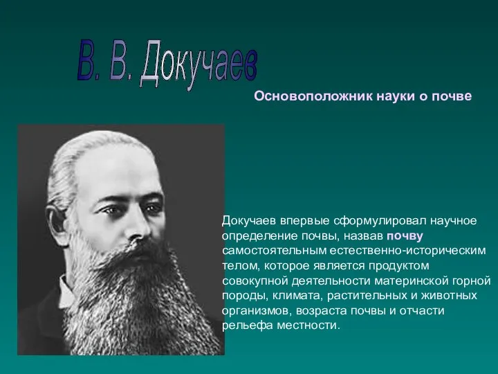 В. В. Докучаев Основоположник науки о почве Докучаев впервые сформулировал научное