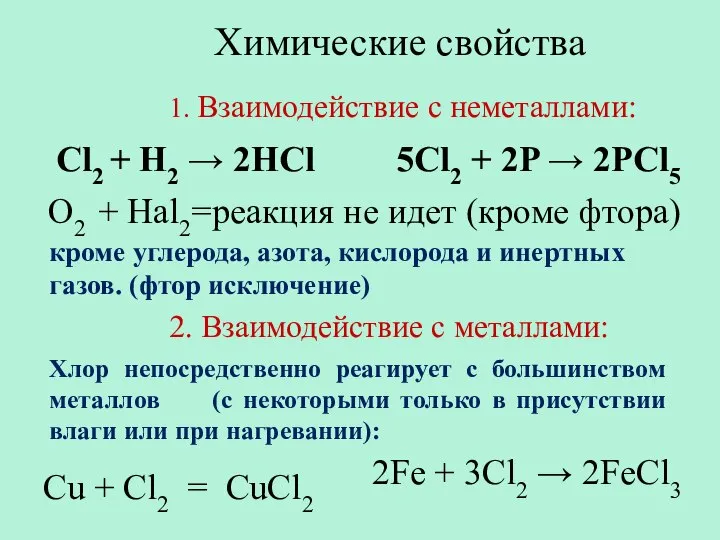 Химические свойства 1. Взаимодействие с неметаллами: 2. Взаимодействие с металлами: Cu