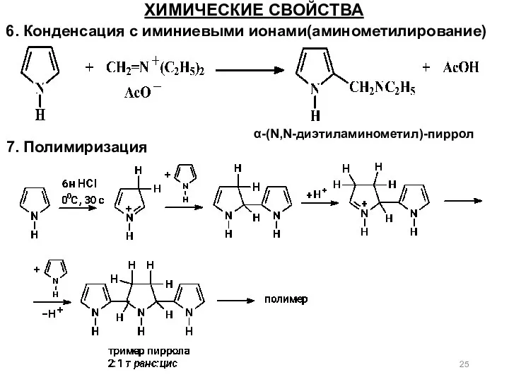 6. Конденсация с иминиевыми ионами(аминометилирование) ХИМИЧЕСКИЕ СВОЙСТВА α-(N,N-диэтиламинометил)-пиррол 7. Полимиризация