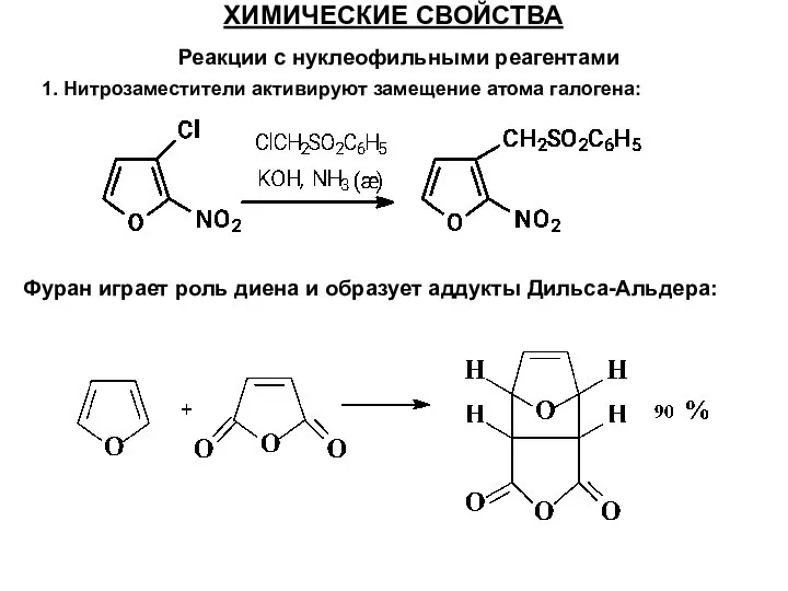 Реакции с нуклеофильными реагентами ХИМИЧЕСКИЕ СВОЙСТВА 1. Нитрозаместители активируют замещение атома