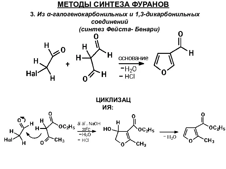 МЕТОДЫ СИНТЕЗА ФУРАНОВ 3. Из α-галогенокарбонильных и 1,3-дикарбонильных соединений (синтез Фейста- Бенари) ЦИКЛИЗАЦИЯ: