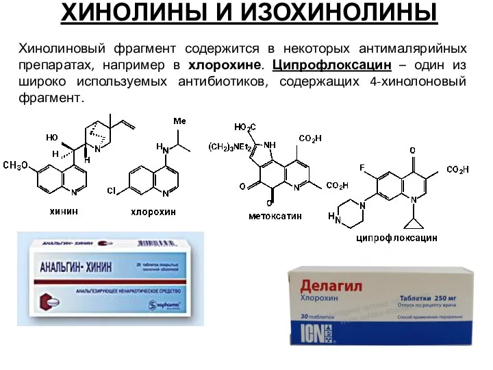 ХИНОЛИНЫ И ИЗОХИНОЛИНЫ Хинолиновый фрагмент содержится в некоторых антималярийных препаратах, например