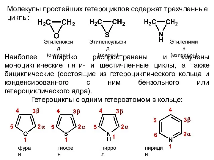 Молекулы простейших гетероциклов содержат трехчленные циклы: Наиболее широко распространены и изучены