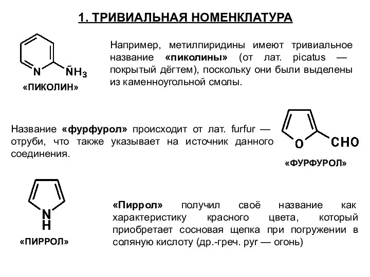 1. ТРИВИАЛЬНАЯ НОМЕНКЛАТУРА «ПИКОЛИН» Например, метилпиридины имеют тривиальное название «пиколины» (от