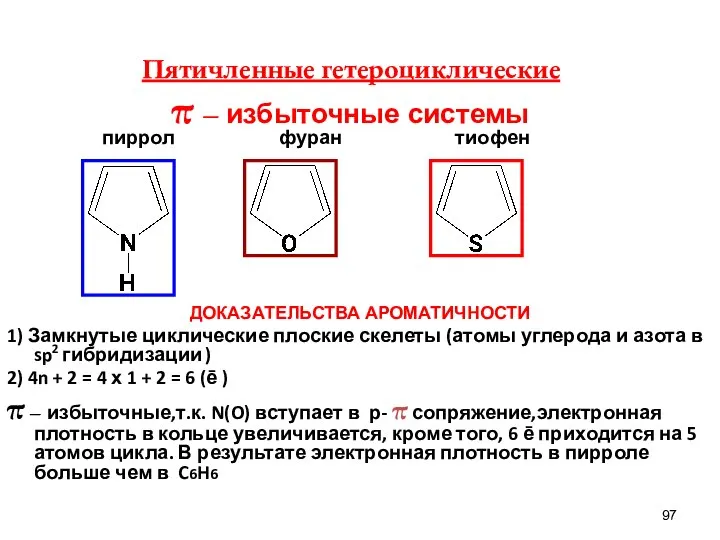 пиррол фуран тиофен ДОКАЗАТЕЛЬСТВА АРОМАТИЧНОСТИ 1) Замкнутые циклические плоские скелеты (атомы
