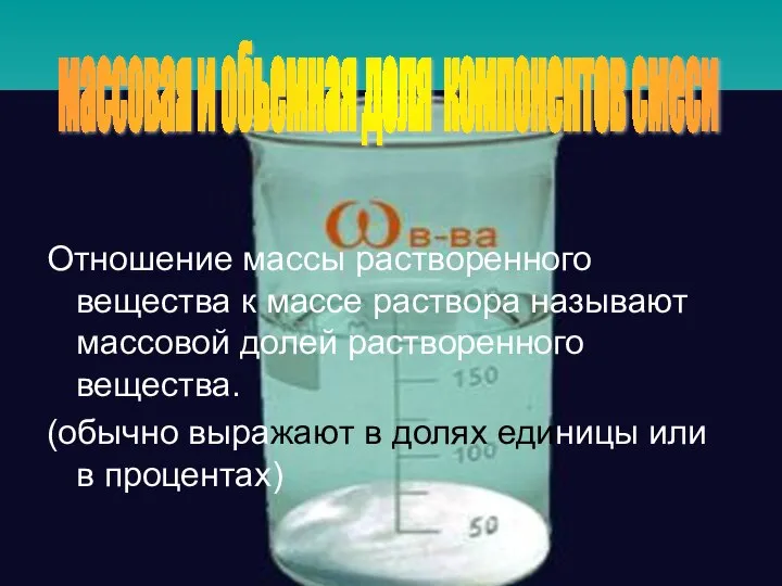 Отношение массы растворенного вещества к массе раствора называют массовой долей растворенного