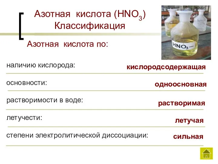 Азотная кислота (HNO3) Классификация наличию кислорода: основности: растворимости в воде: летучести: