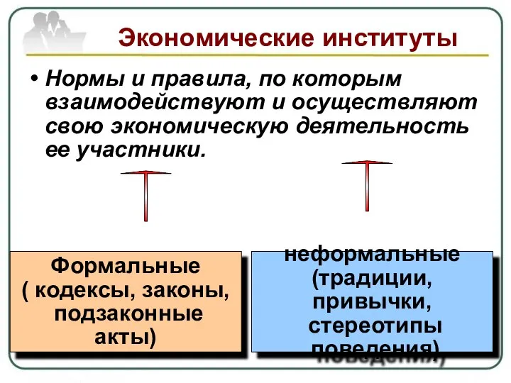 Экономические институты Нормы и правила, по которым взаимодействуют и осуществляют свою