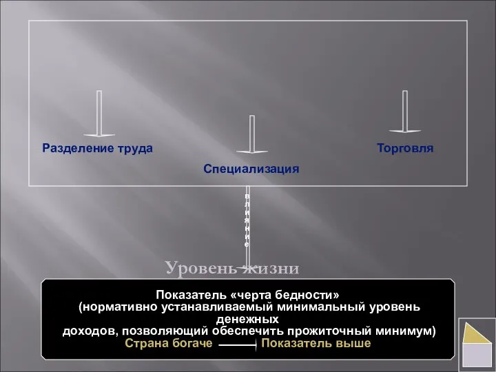 Разделение труда Специализация Торговля влияние Уровень жизни Показатель «черта бедности» (нормативно