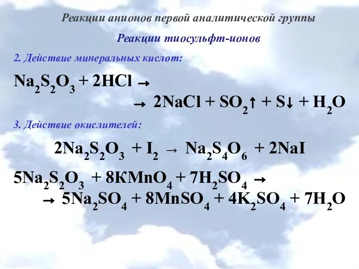 Реакции анионов первой аналитической группы Реакции тиосульфт-ионов 2. Действие минеральных кислот: