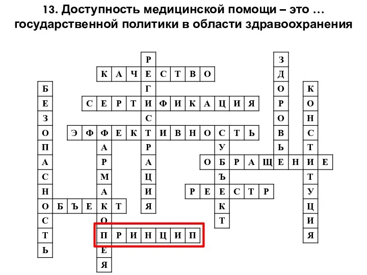 13. Доступность медицинской помощи – это … государственной политики в области здравоохранения