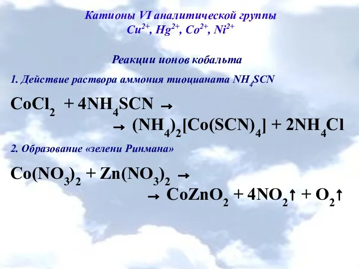 Катионы VI аналитической группы Cu2+, Hg2+, Co2+, Ni2+ Реакции ионов кобальта