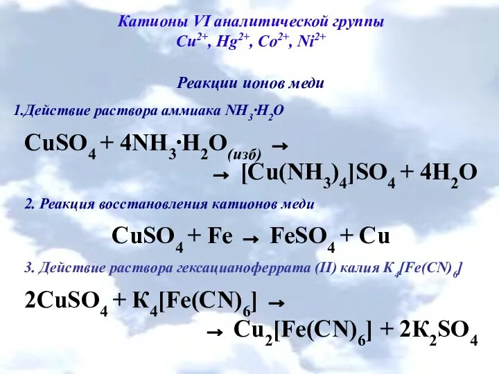 Катионы VI аналитической группы Cu2+, Hg2+, Co2+, Ni2+ Реакции ионов меди