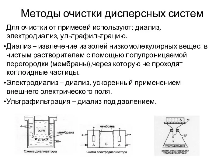 Методы очистки дисперсных систем Для очистки от примесей используют: диализ, электродиализ,