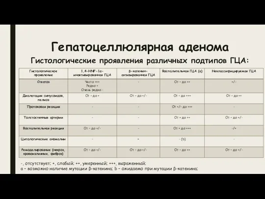 Гепатоцеллюлярная аденома Гистологические проявления различных подтипов ГЦА: -, отсутствует; +, слабый;