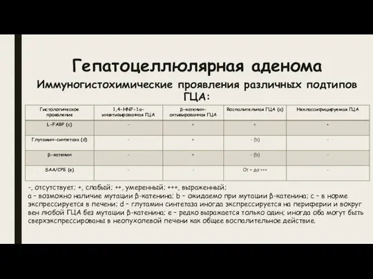 Гепатоцеллюлярная аденома Иммуногистохимические проявления различных подтипов ГЦА: -, отсутствует; +, слабый;