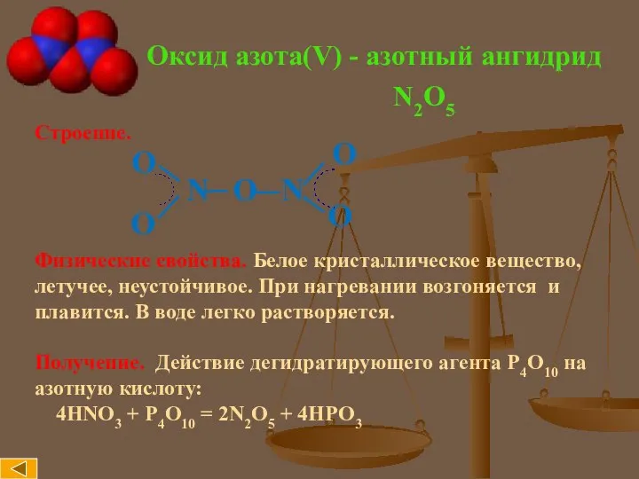 Оксид азота(V) - азотный ангидрид Строение. N O N Физические свойства.