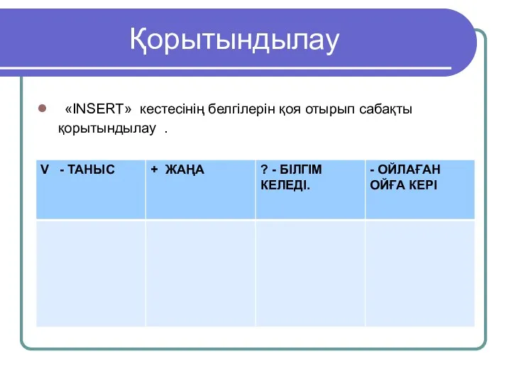 Қорытындылау «INSERT» кестесінің белгілерін қоя отырып сабақты қорытындылау .