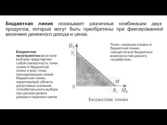 Бюджетная линия показывает различные комбинации двух продуктов, которые могут быть приобретены