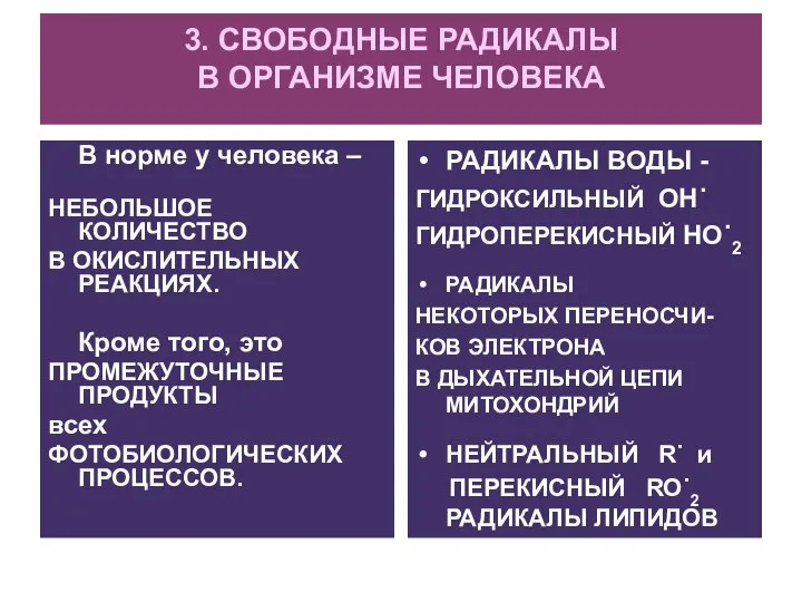 3. СВОБОДНЫЕ РАДИКАЛЫ В ОРГАНИЗМЕ ЧЕЛОВЕКА В норме у человека –