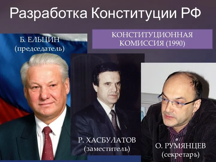 Разработка Конституции РФ КОНСТИТУЦИОННАЯ КОМИССИЯ (1990) Б. ЕЛЬЦИН (председатель) Р. ХАСБУЛАТОВ (заместитель) О. РУМЯНЦЕВ (секретарь)