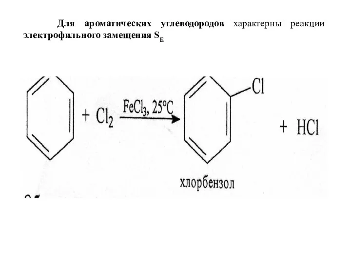 Для ароматических углеводородов характерны реакции электрофильного замещения SE