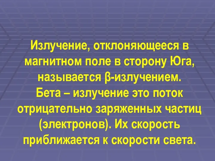 Излучение, отклоняющееся в магнитном поле в сторону Юга, называется β-излучением. Бета