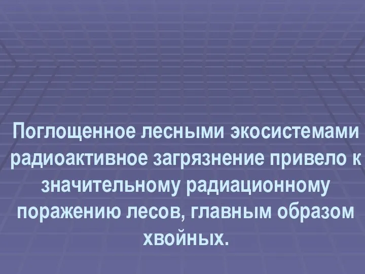 Поглощенное лесными экосистемами радиоактивное загрязнение привело к значительному радиационному поражению лесов, главным образом хвойных.