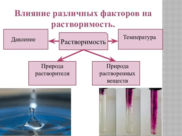 Влияние различных факторов на растворимость. Растворимость Температура Давление Природа растворенных веществ Природа растворителя