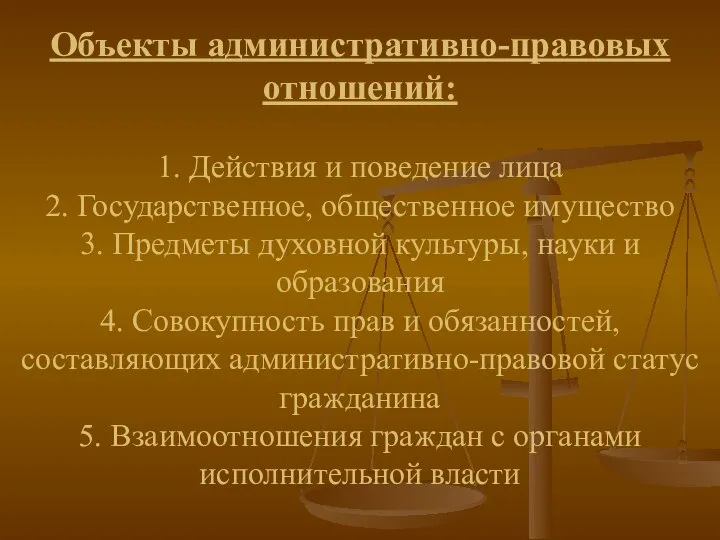 Объекты административно-правовых отношений: 1. Действия и поведение лица 2. Государственное, общественное