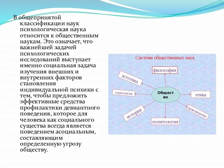 В общепринятой классификации наук психологическая наука относится к общественным наукам. Это