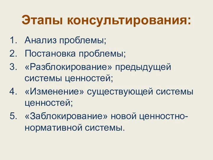 Этапы консультирования: Анализ проблемы; Постановка проблемы; «Разблокирование» предыдущей системы ценностей; «Изменение»