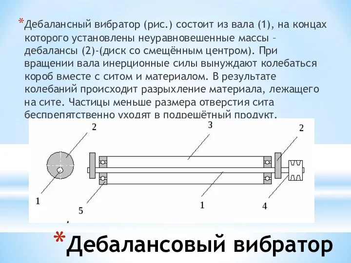 Дебалансовый вибратор Дебалансный вибратор (рис.) состоит из вала (1), на концах