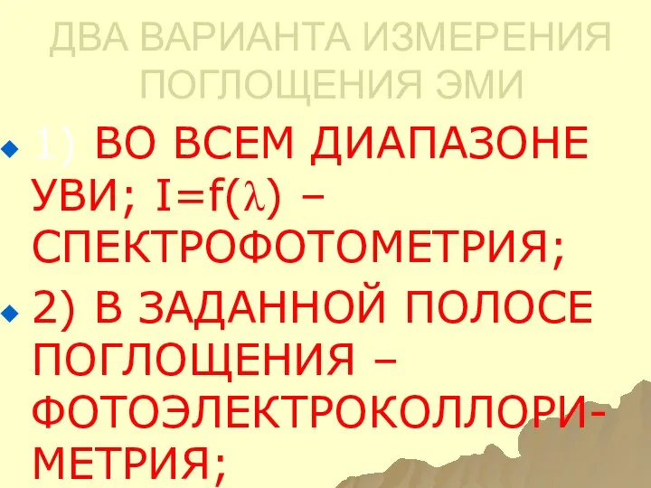 ДВА ВАРИАНТА ИЗМЕРЕНИЯ ПОГЛОЩЕНИЯ ЭМИ 1) ВО ВСЕМ ДИАПАЗОНЕ УВИ; I=f(λ)