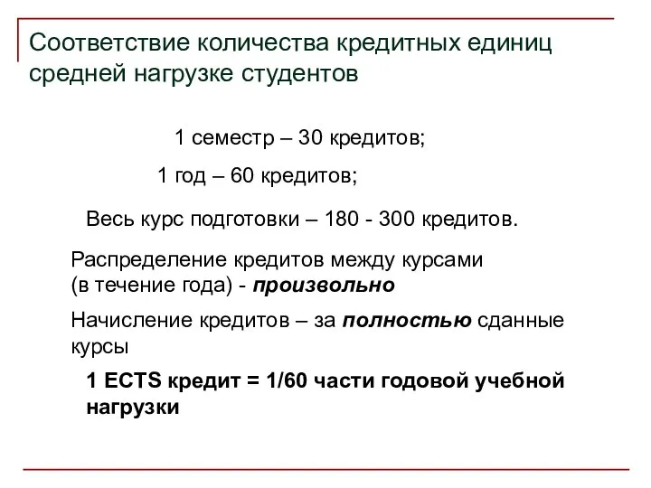 Соответствие количества кредитных единиц средней нагрузке студентов Распределение кредитов между курсами