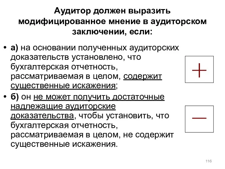 Аудитор должен выразить модифицированное мнение в аудиторском заключении, если: а) на