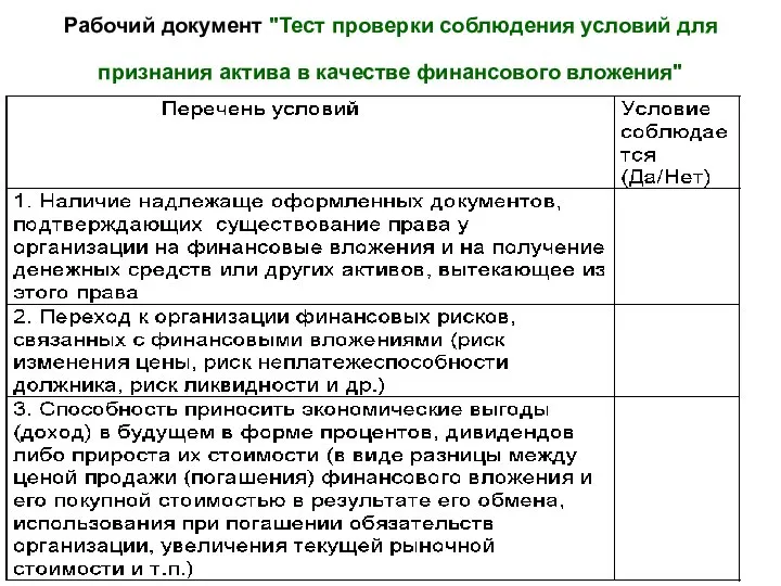 Рабочий документ "Тест проверки соблюдения условий для признания актива в качестве финансового вложения"