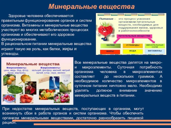 Минеральные вещества Здоровье человека обеспечивается правильным функционирование органов и систем организма.