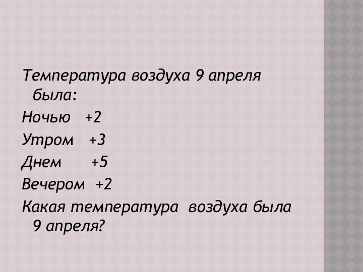 Температура воздуха 9 апреля была: Ночью +2 Утром +3 Днем +5