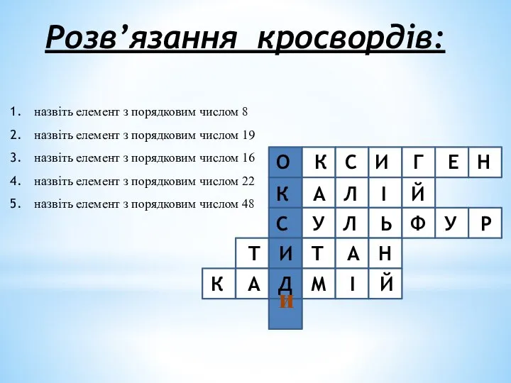 Розв’язання кросвордів: назвіть елемент з порядковим числом 8 назвіть елемент з