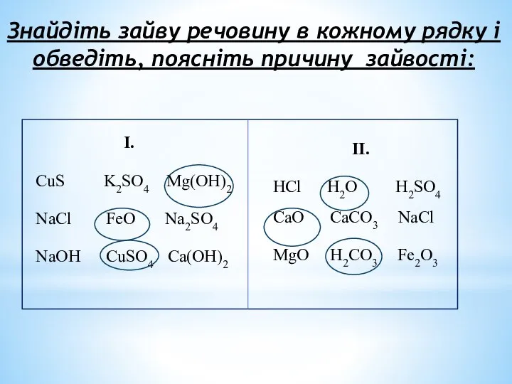 Знайдіть зайву речовину в кожному рядку і обведіть, поясніть причину зайвості: