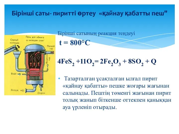Бірінші саты- пиритті өртеу «қайнау қабатты пеш" Бірінші сатының реакция теңдеуі